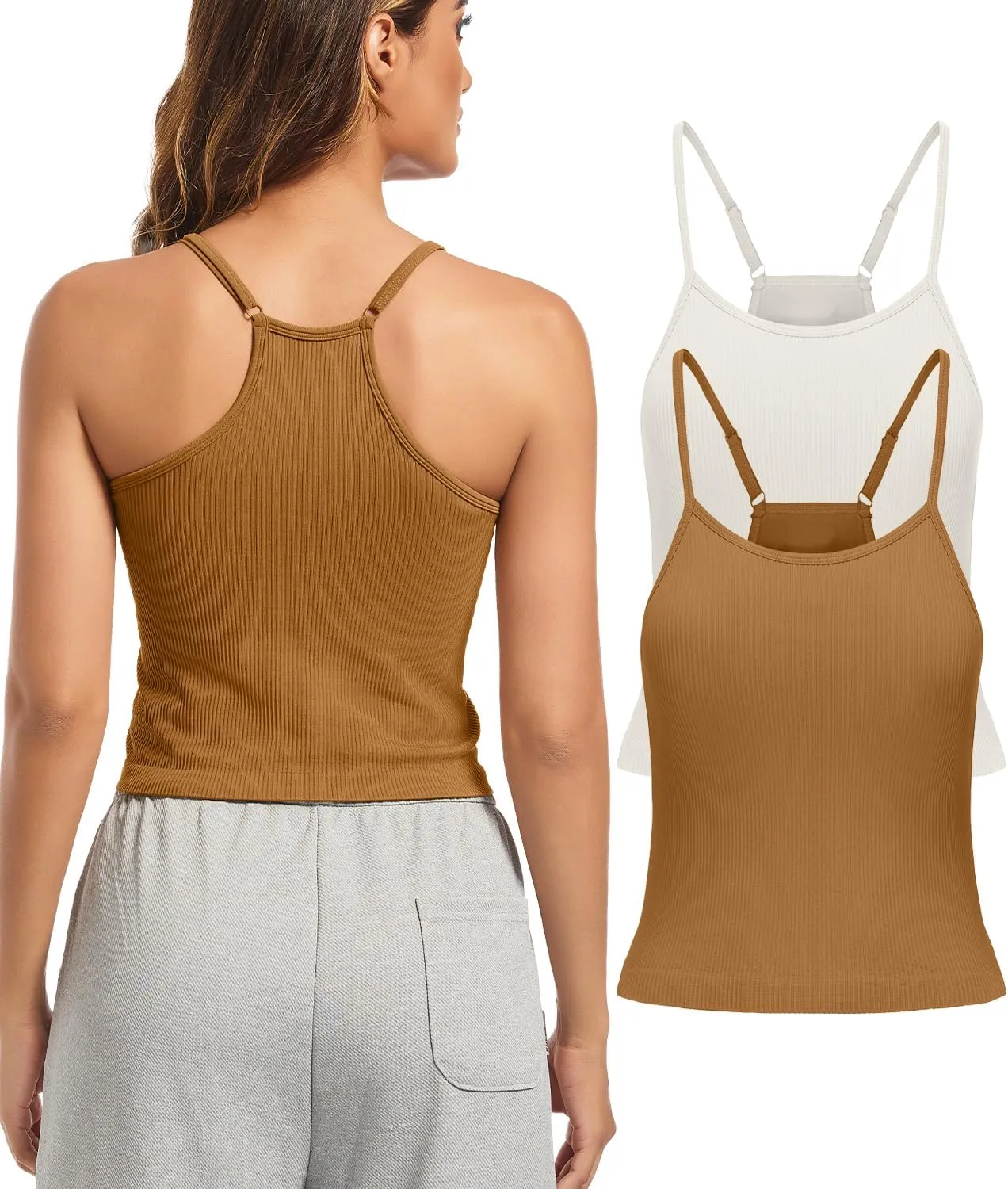 OVESPORT 2Pack Workout Tank Tops for Women with Built in Bras Seamless Adjustable Spaghetti Strap Sports Bra Yoga Casual Tops