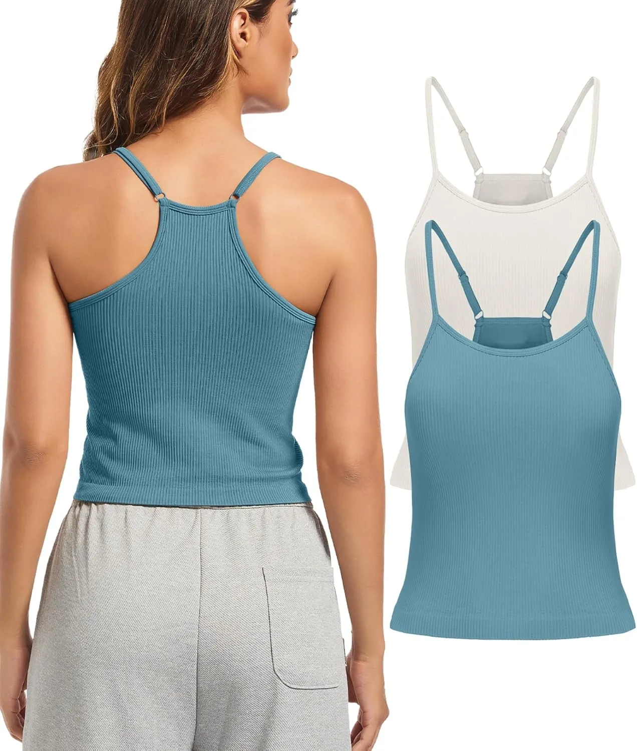 OVESPORT 2Pack Workout Tank Tops for Women with Built in Bras Seamless Adjustable Spaghetti Strap Sports Bra Yoga Casual Tops