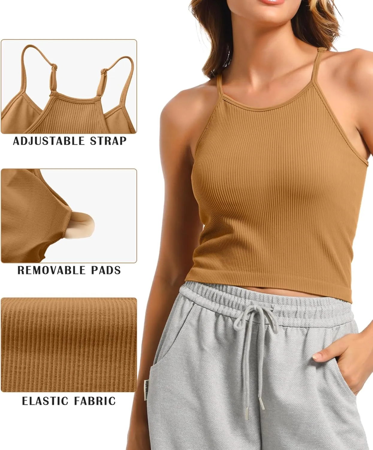 OVESPORT 2Pack Workout Tank Tops for Women with Built in Bras Seamless Adjustable Spaghetti Strap Sports Bra Yoga Casual Tops