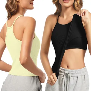 OVESPORT 2Pack Workout Tank Tops for Women with Built in Bras Seamless Adjustable Spaghetti Strap Sports Bra Yoga Casual Tops