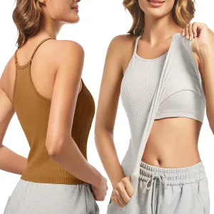 OVESPORT 2Pack Workout Tank Tops for Women with Built in Bras Seamless Adjustable Spaghetti Strap Sports Bra Yoga Casual Tops