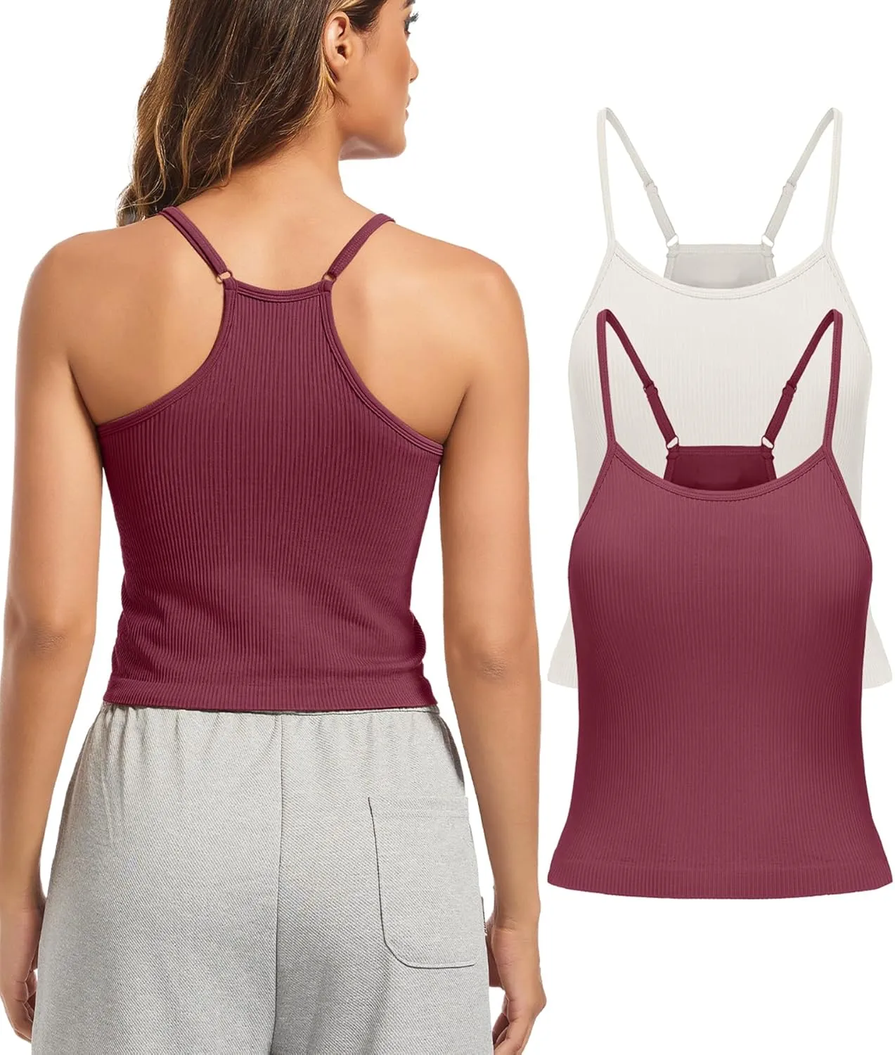 OVESPORT 2Pack Workout Tank Tops for Women with Built in Bras Seamless Adjustable Spaghetti Strap Sports Bra Yoga Casual Tops