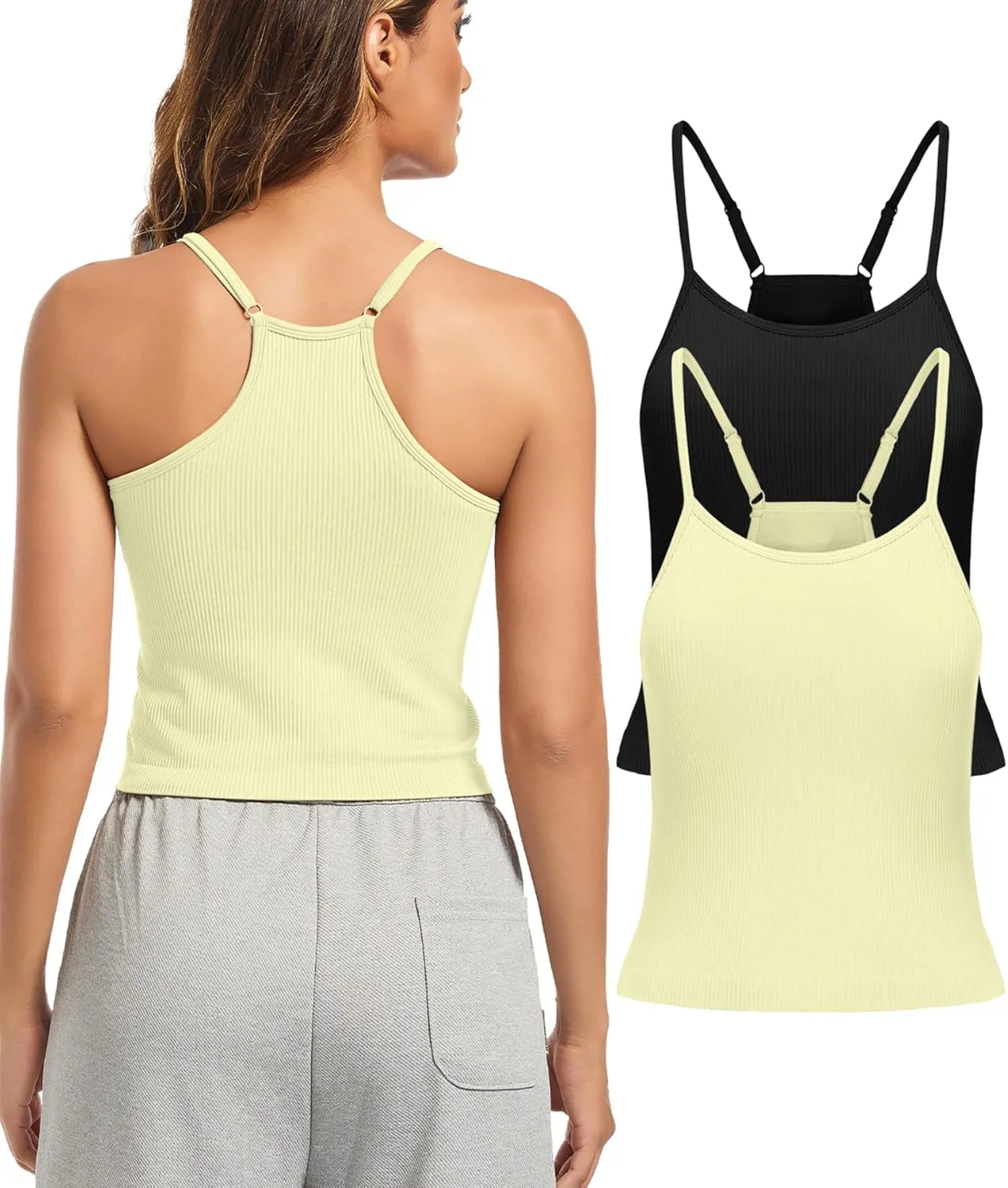 OVESPORT 2Pack Workout Tank Tops for Women with Built in Bras Seamless Adjustable Spaghetti Strap Sports Bra Yoga Casual Tops