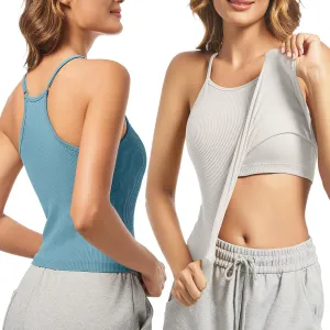 OVESPORT 2Pack Workout Tank Tops for Women with Built in Bras Seamless Adjustable Spaghetti Strap Sports Bra Yoga Casual Tops