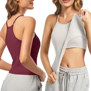OVESPORT 2Pack Workout Tank Tops for Women with Built in Bras Seamless Adjustable Spaghetti Strap Sports Bra Yoga Casual Tops