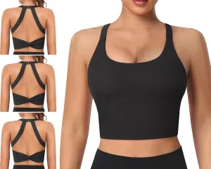 Padded Sports Bras for Women - Strappy Spaghetti Strap Workout Criss Cross Tank Tops Sets (3 Pack)