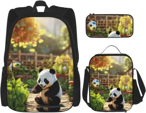 Panda Print Unisex Stylish Travel Backpack Set With Insulated Lunch Bag,Adjustable Straps