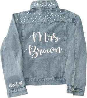 Personalized Bride Denim Jackets For Wedding, Custom Embroidered Jean Jacket Future Mrs Jacket, Embroidery Wedding Jean Jackets For Bride, Gifts For Bride On Wedding Day, Pearl Denim Jacket