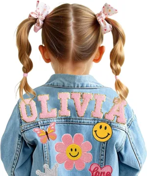 Personalized Kids Denim Jacket for Girls with Name Patches, Back to School Outfits for kids, Customized Name Outerwear, Easter Birthday Gift for Girl Baby Shower, Toddler Clothes 1-8