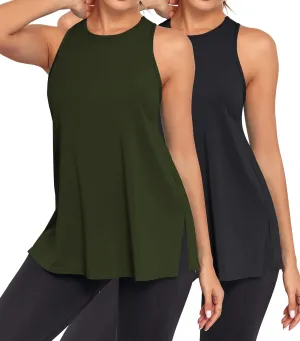 Pima Cotton Racerback Yoga Tops Woman Side Split Athletic Workout Tank Tops Loose Fit Moisture Wicking 2 Pack