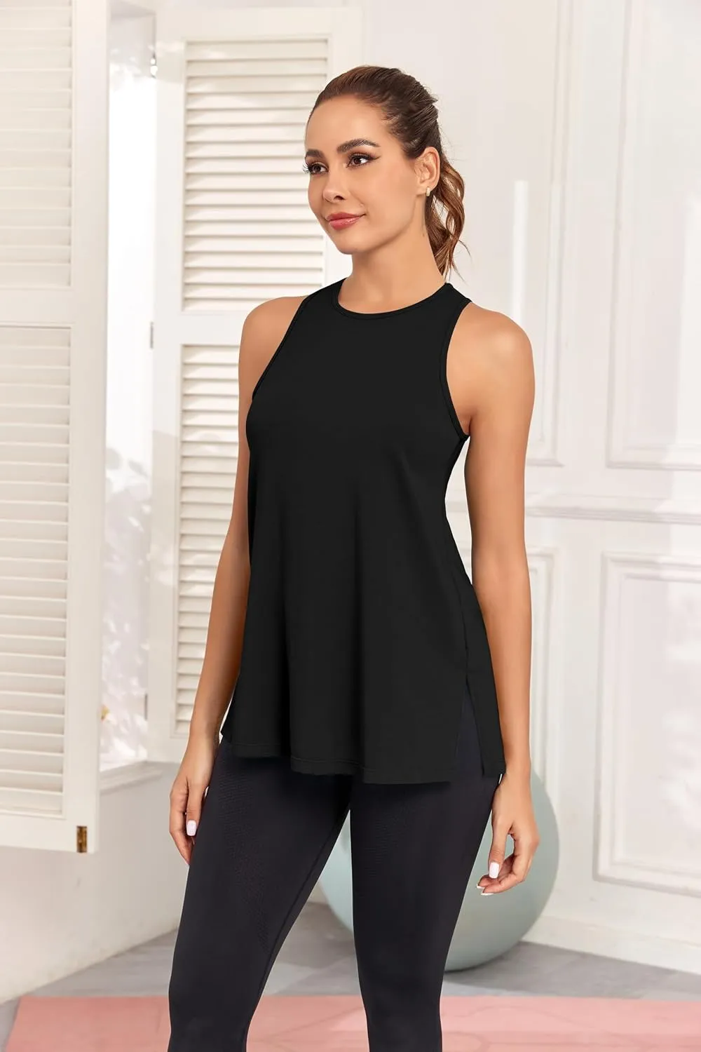 Pima Cotton Racerback Yoga Tops Woman Side Split Athletic Workout Tank Tops Loose Fit Moisture Wicking 2 Pack
