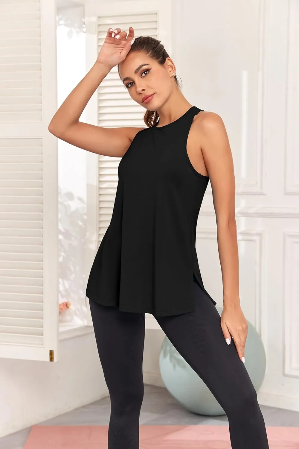Pima Cotton Racerback Yoga Tops Woman Side Split Athletic Workout Tank Tops Loose Fit Moisture Wicking 2 Pack