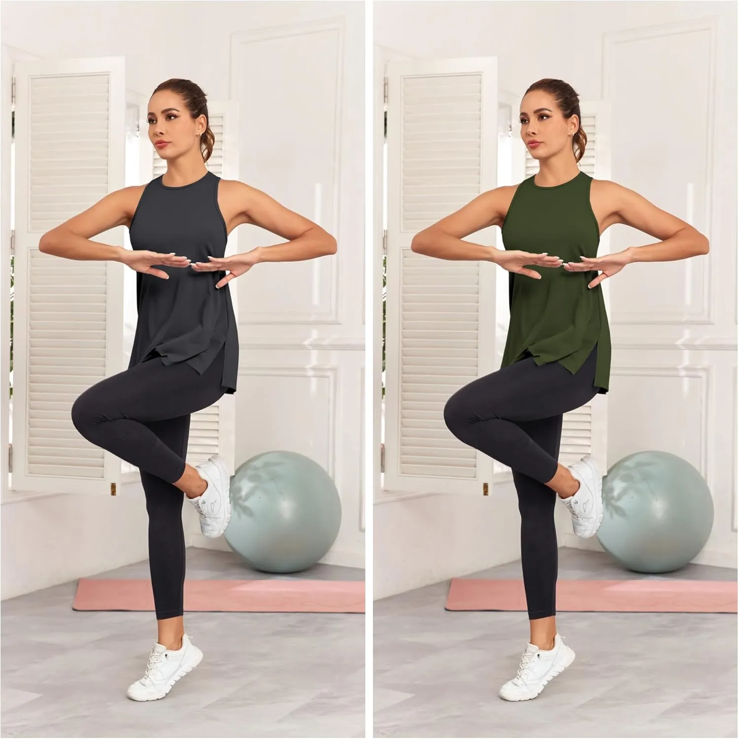 Pima Cotton Racerback Yoga Tops Woman Side Split Athletic Workout Tank Tops Loose Fit Moisture Wicking 2 Pack