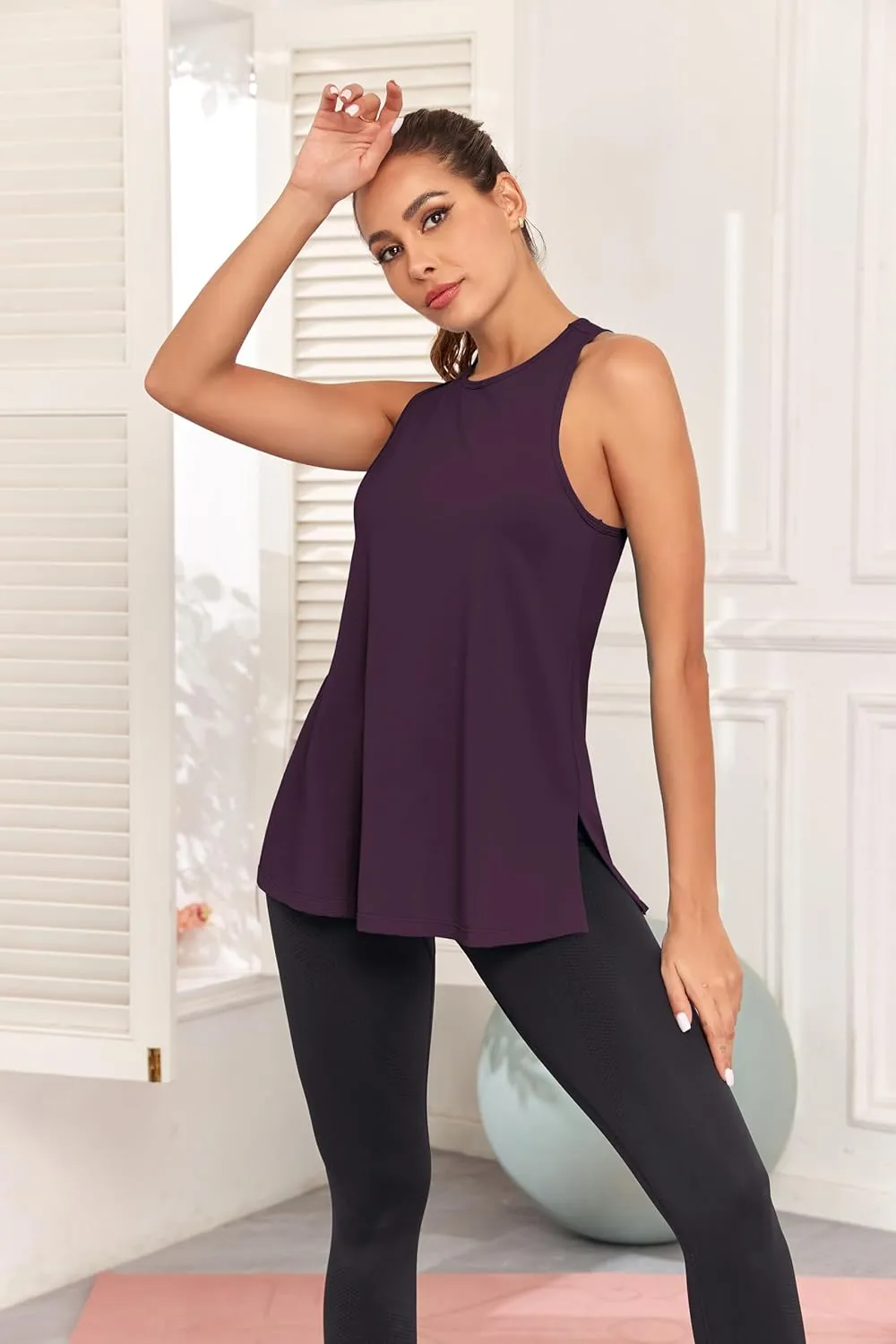 Pima Cotton Racerback Yoga Tops Woman Side Split Athletic Workout Tank Tops Loose Fit Moisture Wicking 2 Pack