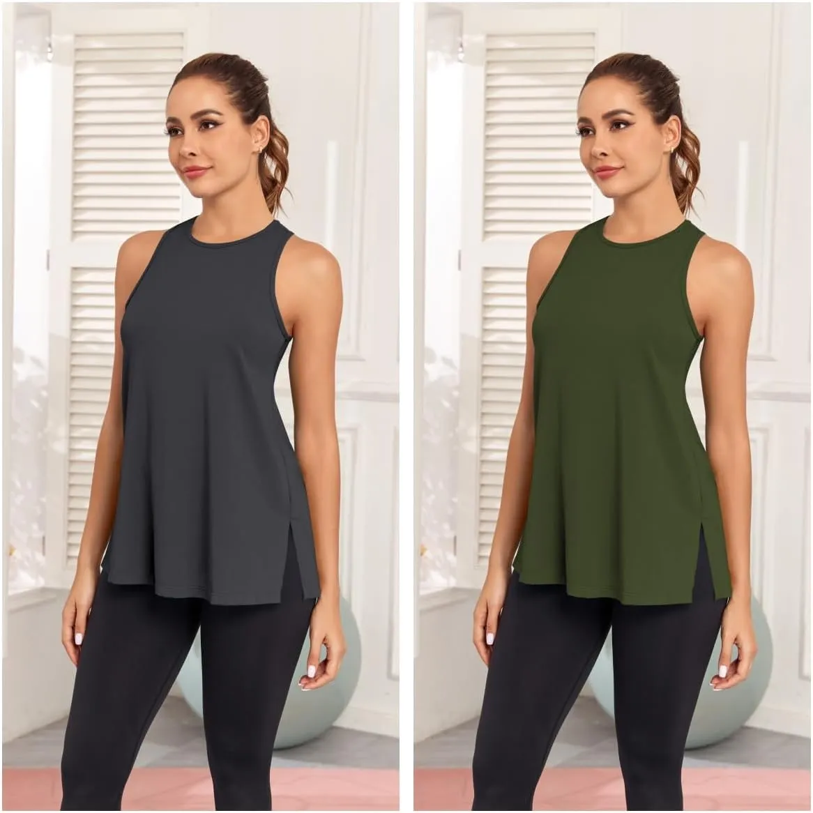 Pima Cotton Racerback Yoga Tops Woman Side Split Athletic Workout Tank Tops Loose Fit Moisture Wicking 2 Pack