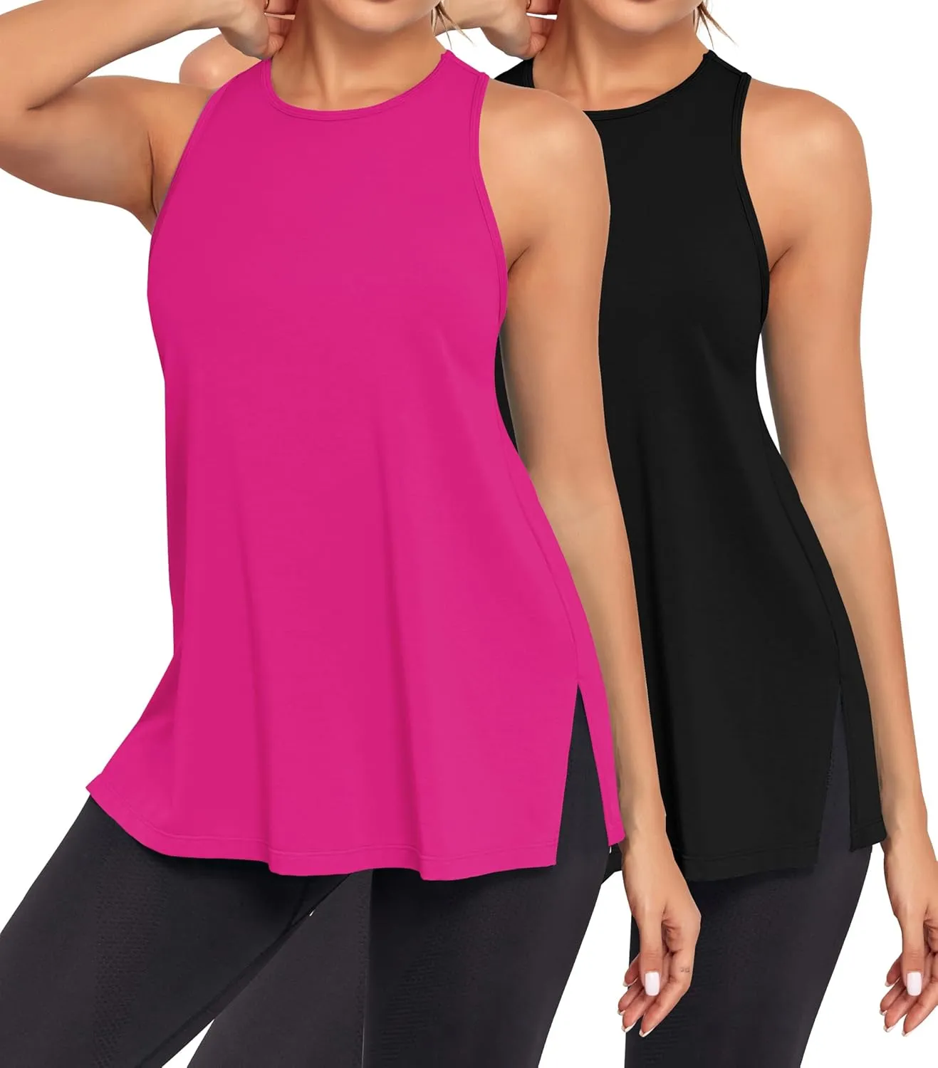 Pima Cotton Racerback Yoga Tops Woman Side Split Athletic Workout Tank Tops Loose Fit Moisture Wicking 2 Pack