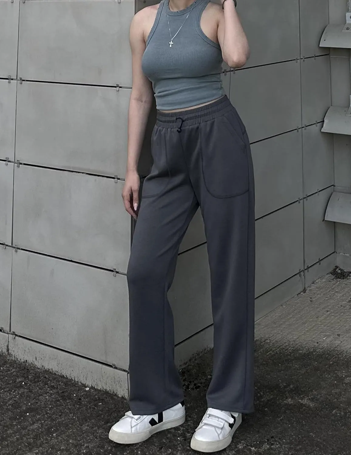 PINSPARK Womens Straight Leg Sweatpants Casual Athletic Workout Pants Stretch Soft Lounge Pants with Pockets
