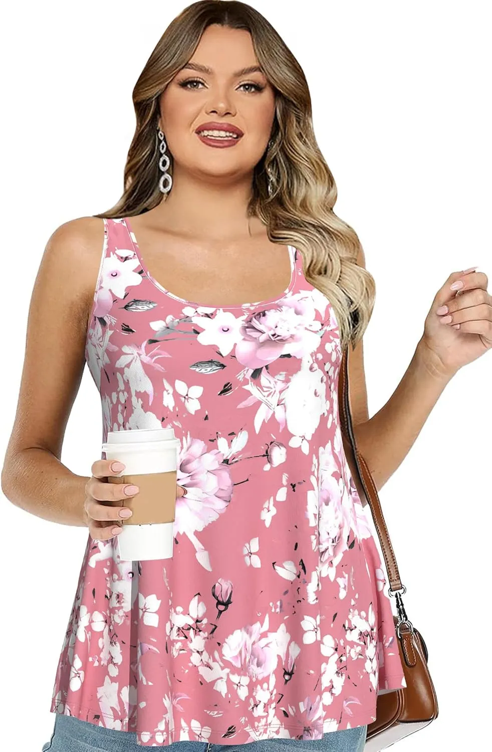 Plus Size Tank Tops with Built in Bras for Women Sleeveless Casual Floral Print Cami
