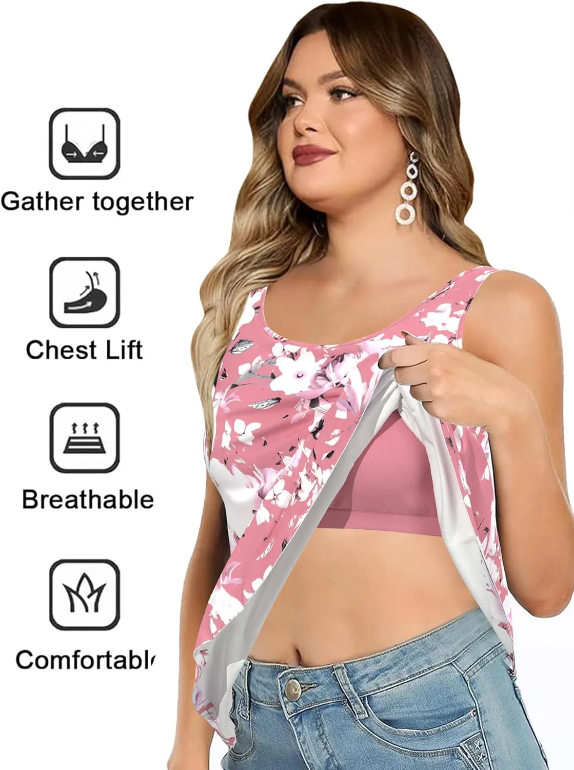 Plus Size Tank Tops with Built in Bras for Women Sleeveless Casual Floral Print Cami