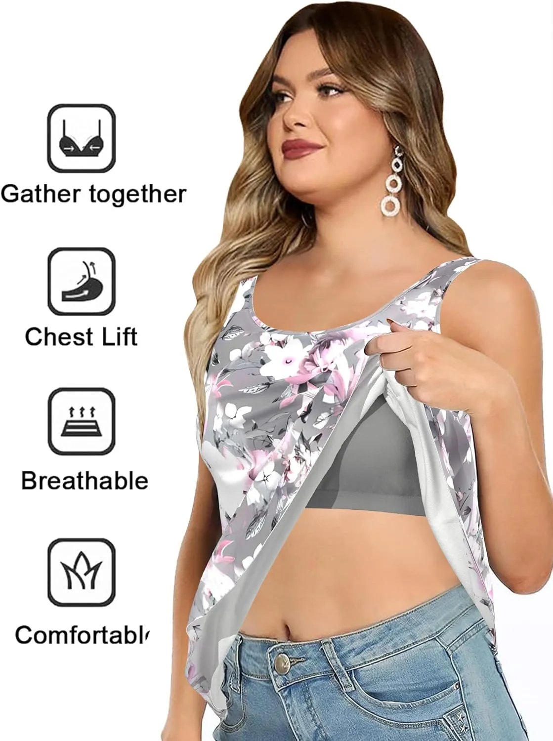 Plus Size Tank Tops with Built in Bras for Women Sleeveless Casual Floral Print Cami