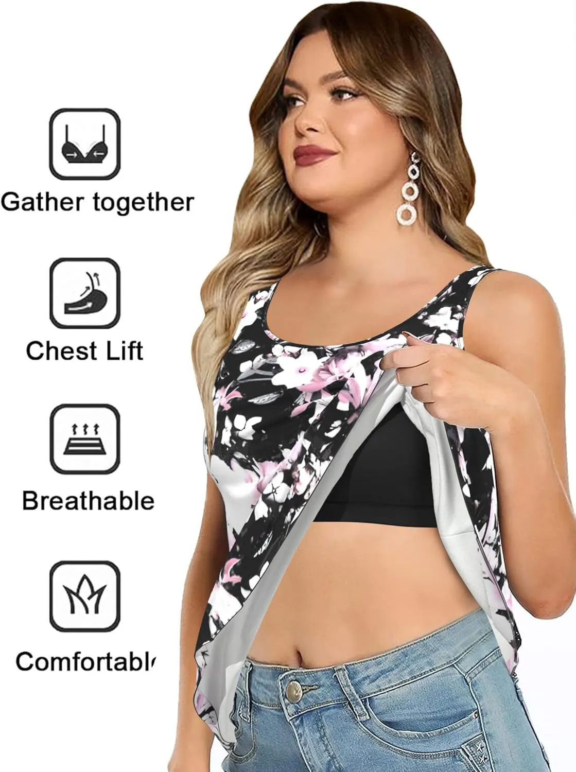 Plus Size Tank Tops with Built in Bras for Women Sleeveless Casual Floral Print Cami