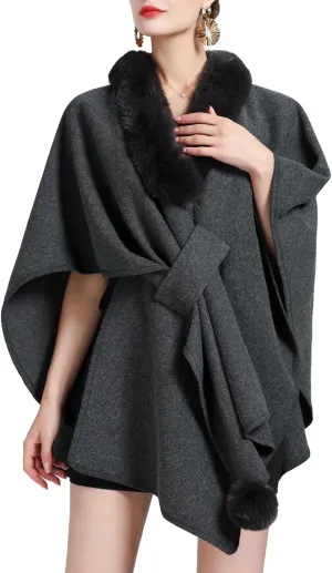 Plush Collar Shawl Elegant Poncho Loose Cape Stylish Cloak Open Front Coat