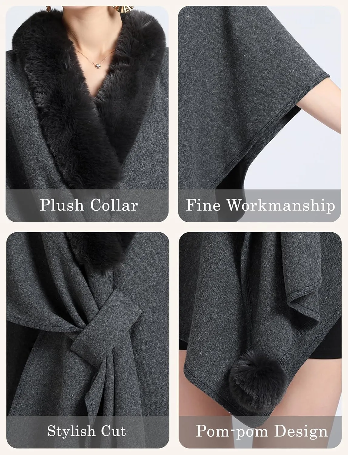Plush Collar Shawl Elegant Poncho Loose Cape Stylish Cloak Open Front Coat