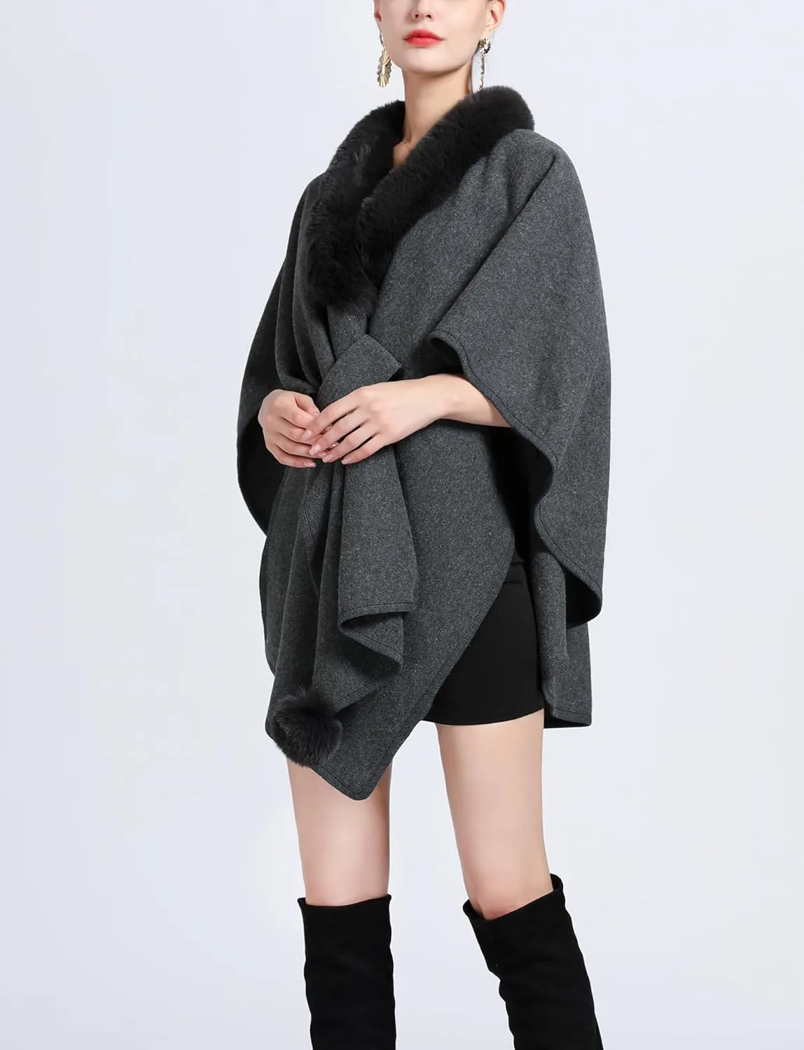 Plush Collar Shawl Elegant Poncho Loose Cape Stylish Cloak Open Front Coat