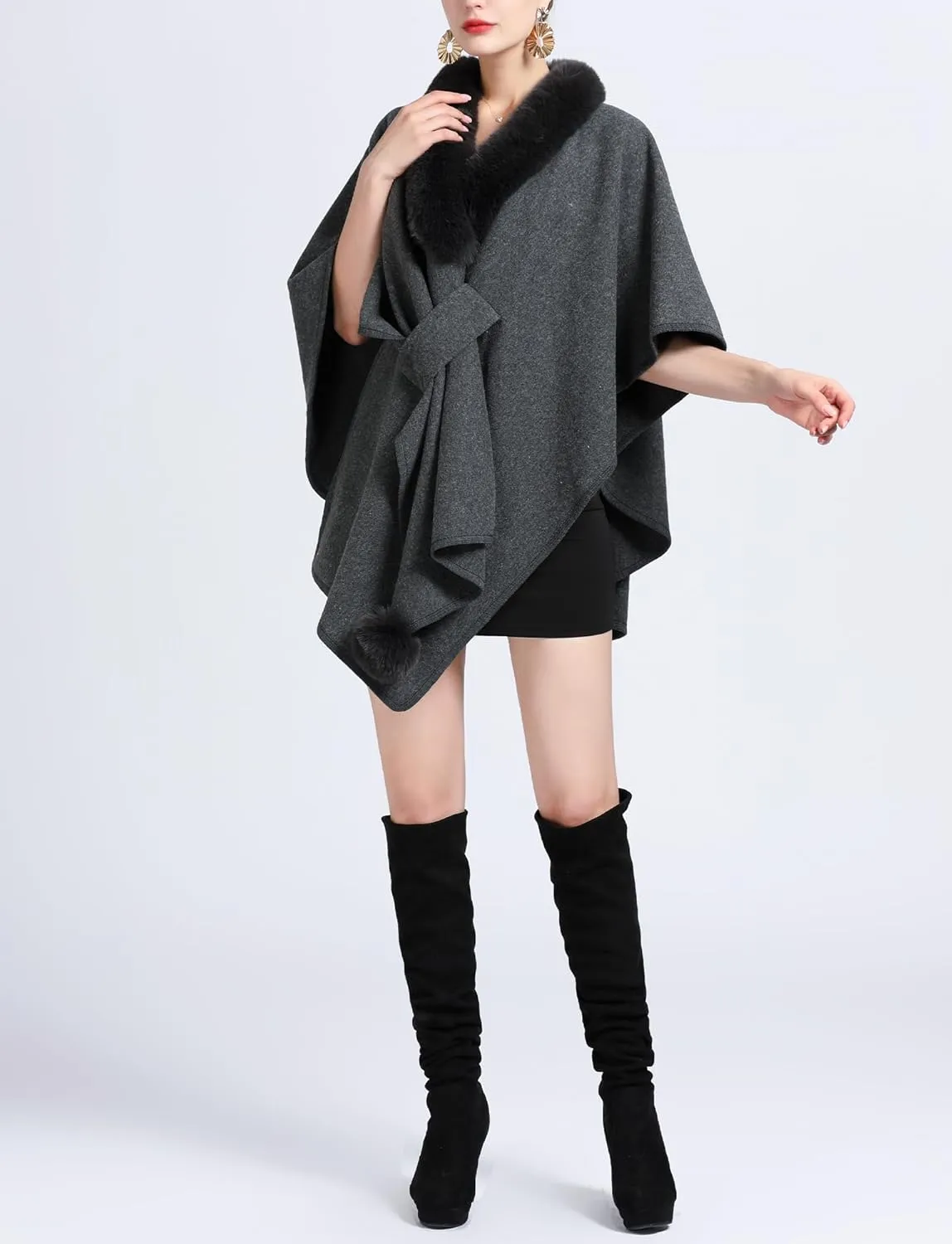 Plush Collar Shawl Elegant Poncho Loose Cape Stylish Cloak Open Front Coat