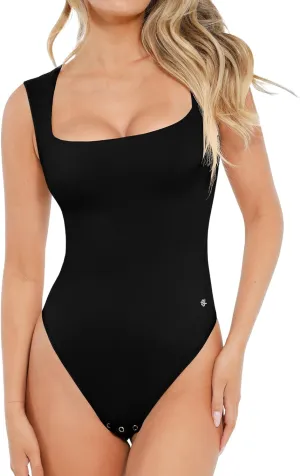 Popilush Body Suits for Womens - Cute Going Out Tops - Square Neck Sleeveless Shapewear Bodysuits Concert Outfits