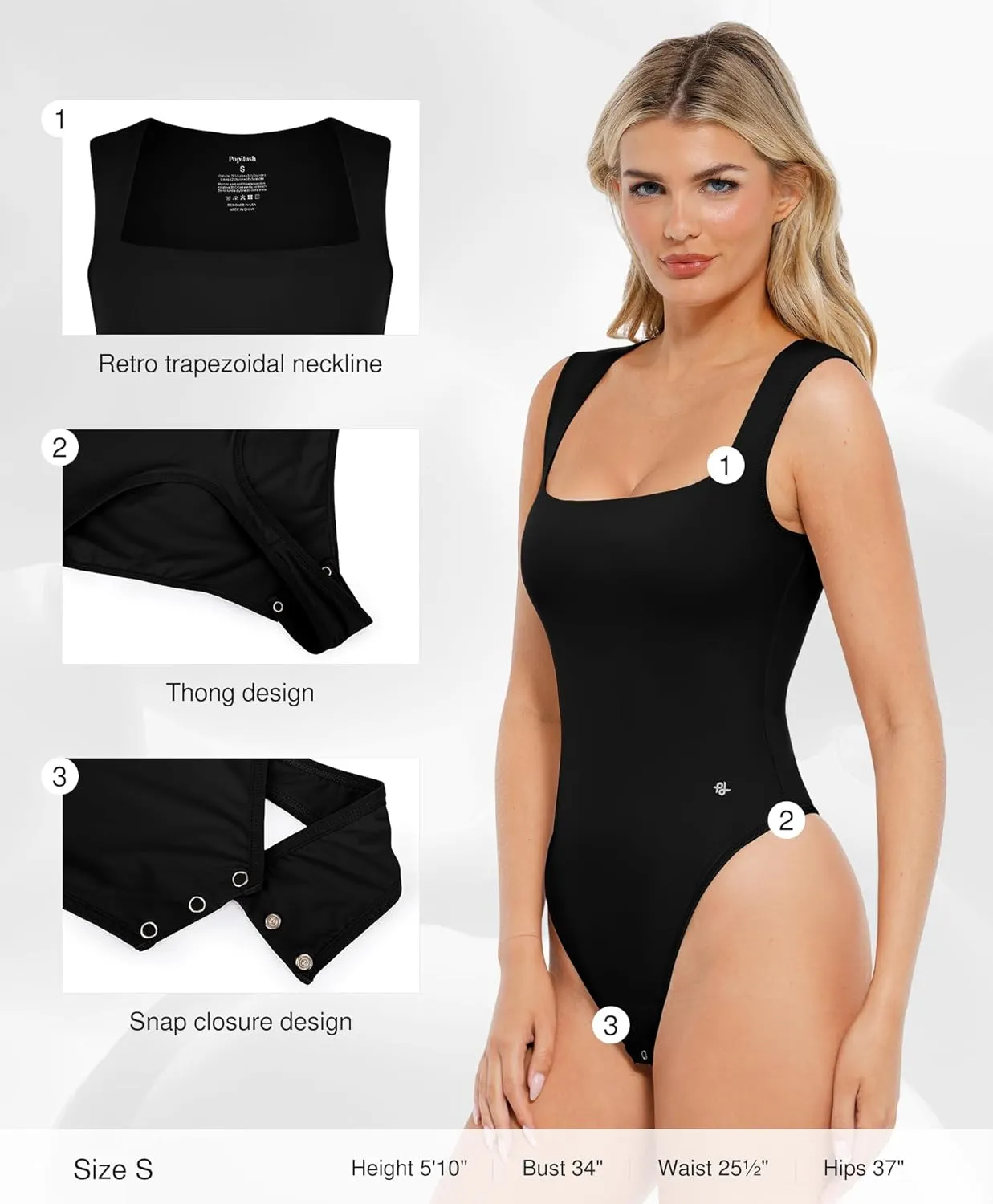 Popilush Body Suits for Womens - Cute Going Out Tops - Square Neck Sleeveless Shapewear Bodysuits Concert Outfits