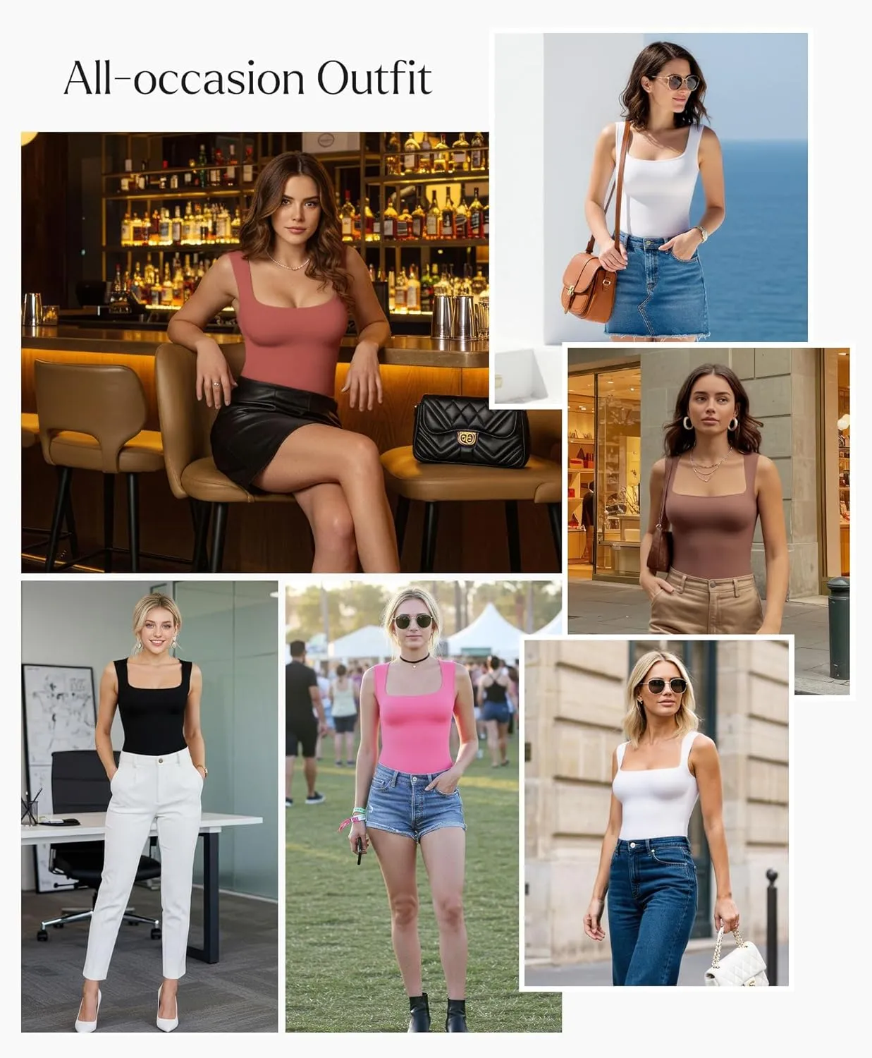 Popilush Body Suits for Womens - Cute Going Out Tops - Square Neck Sleeveless Shapewear Bodysuits Concert Outfits