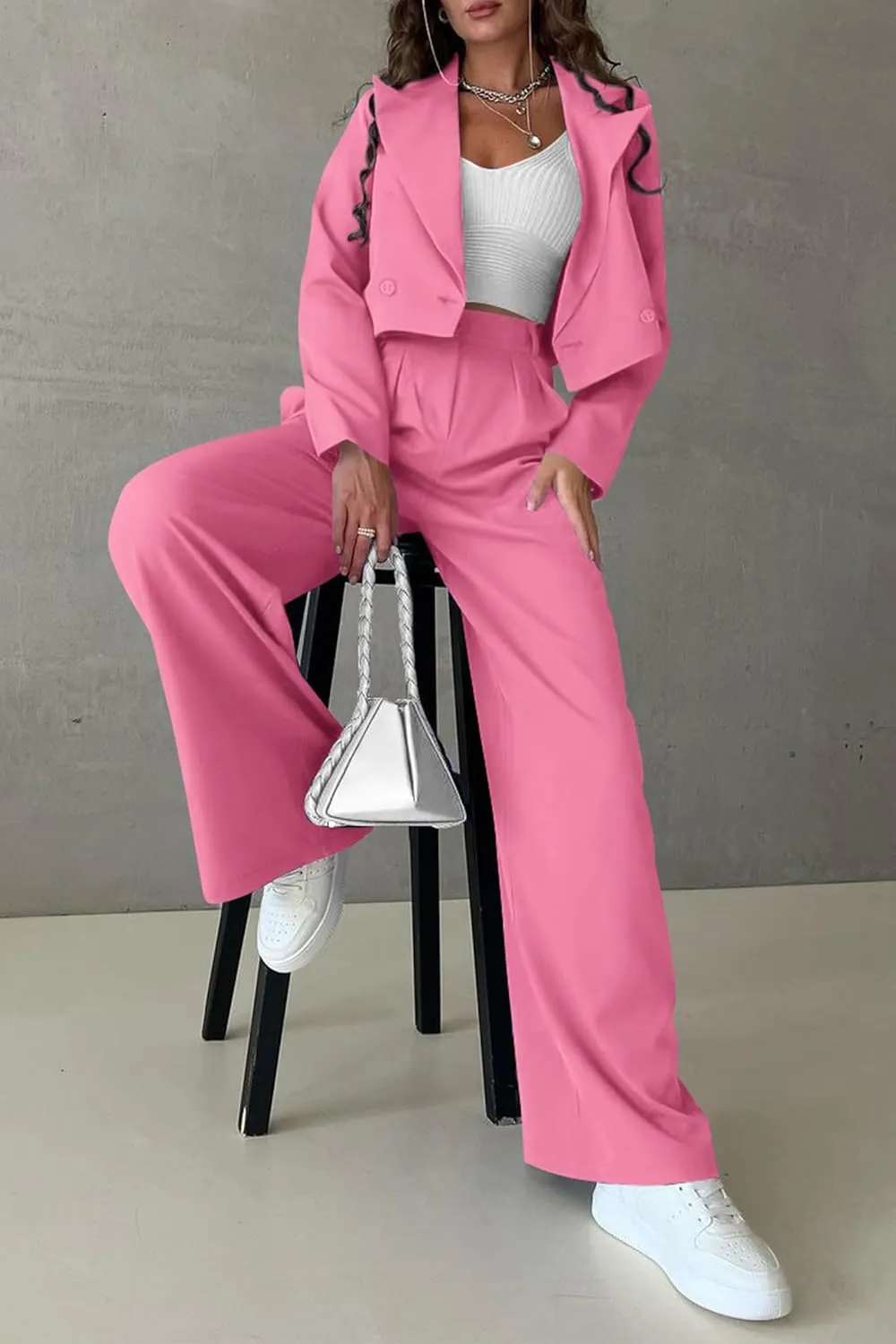 PRETTYGARDEN Women's 2 Piece Casual Outfits Cropped Blazer Jackets High Waisted Wide Leg Work Pants Suit Set