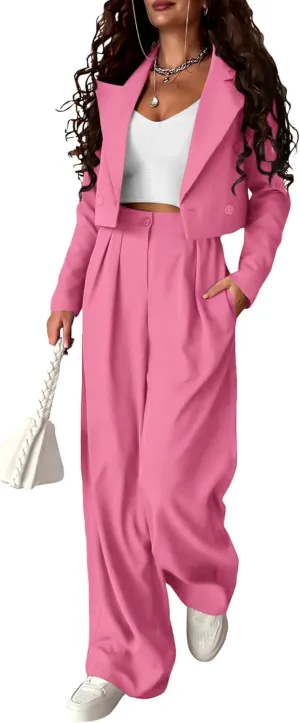 PRETTYGARDEN Women's 2 Piece Casual Outfits Cropped Blazer Jackets High Waisted Wide Leg Work Pants Suit Set