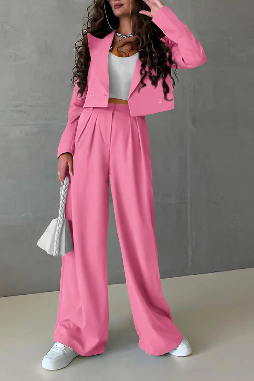 PRETTYGARDEN Women's 2 Piece Casual Outfits Cropped Blazer Jackets High Waisted Wide Leg Work Pants Suit Set