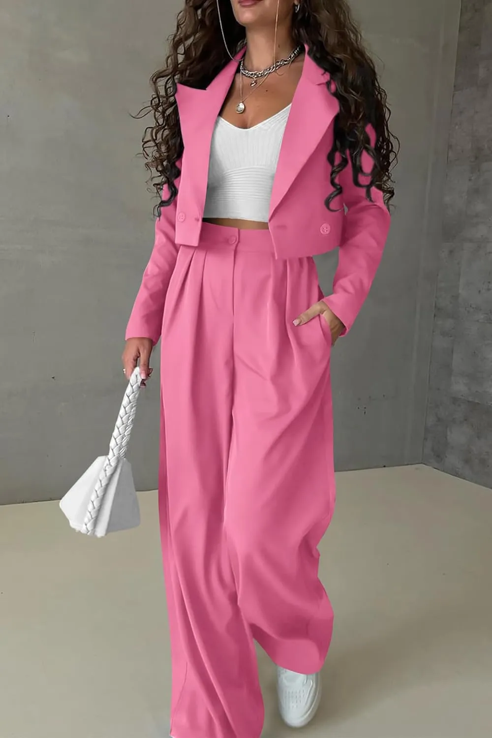 PRETTYGARDEN Women's 2 Piece Casual Outfits Cropped Blazer Jackets High Waisted Wide Leg Work Pants Suit Set