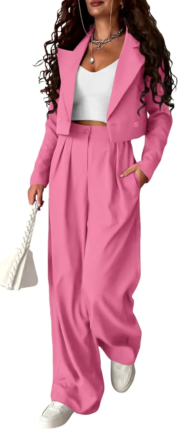 PRETTYGARDEN Women's 2 Piece Casual Outfits Cropped Blazer Jackets High Waisted Wide Leg Work Pants Suit Set