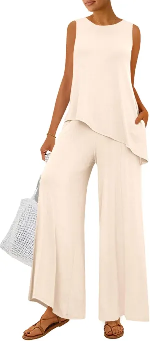 PRETTYGARDEN Women's 2025 Two Piece Matching Lounge Sets Asymmetrical Split Tank Tops Wide Leg Pants Summer Outfits Tracksuit