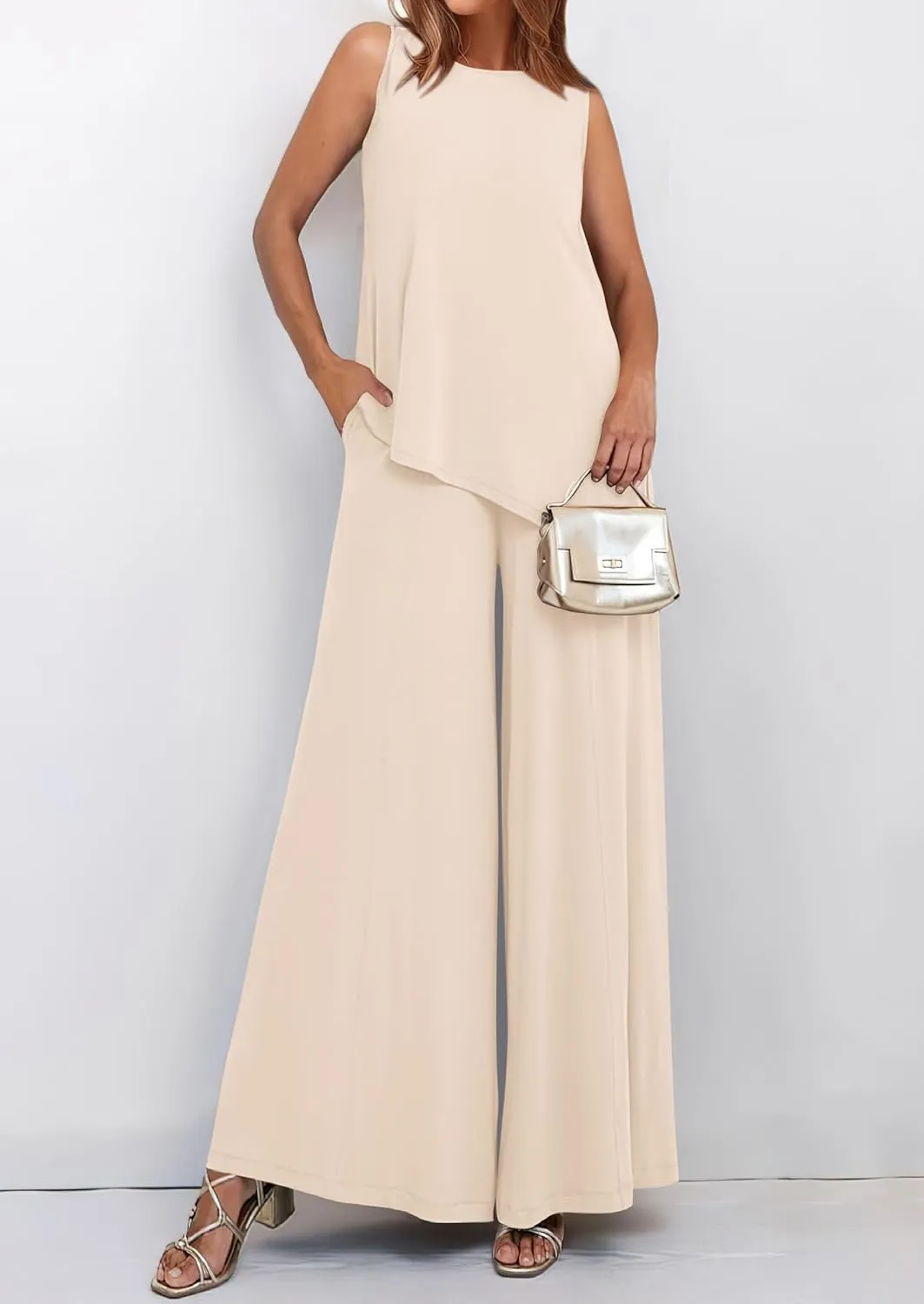 PRETTYGARDEN Women's 2025 Two Piece Matching Lounge Sets Asymmetrical Split Tank Tops Wide Leg Pants Summer Outfits Tracksuit