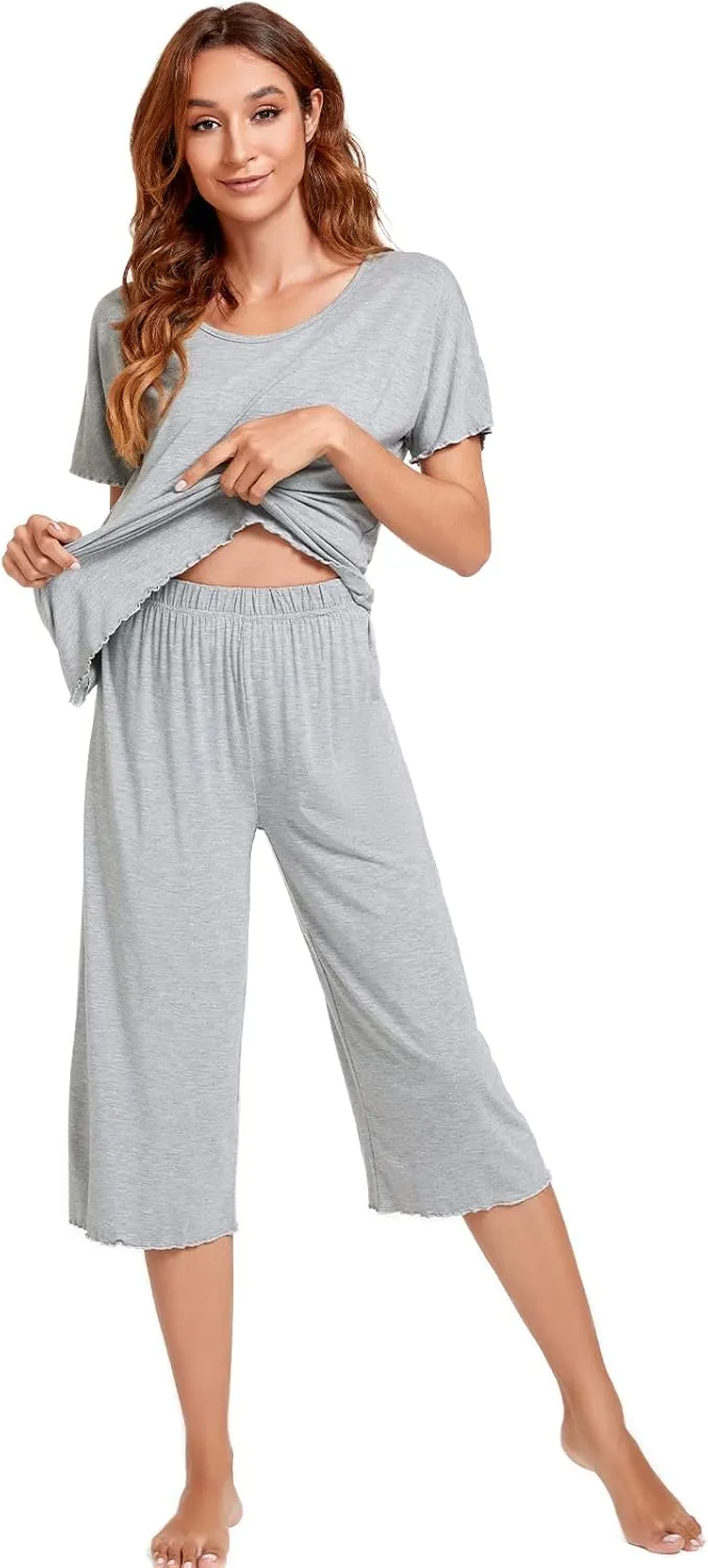 QUALFORT Bamboo Viscose Pajamas for Women Soft Capri Pants Cooling Sleepwear