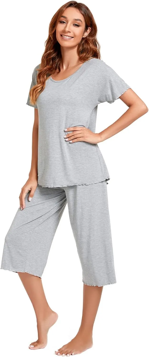 QUALFORT Bamboo Viscose Pajamas for Women Soft Capri Pants Cooling Sleepwear