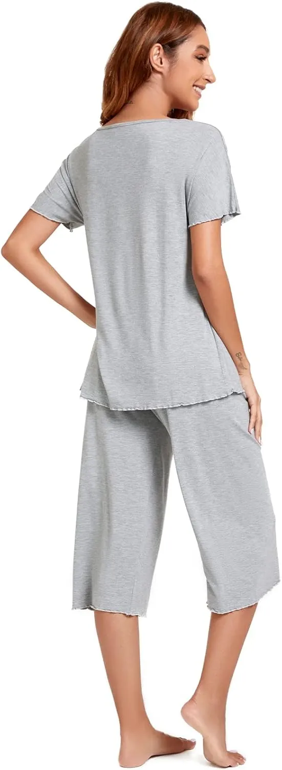 QUALFORT Bamboo Viscose Pajamas for Women Soft Capri Pants Cooling Sleepwear