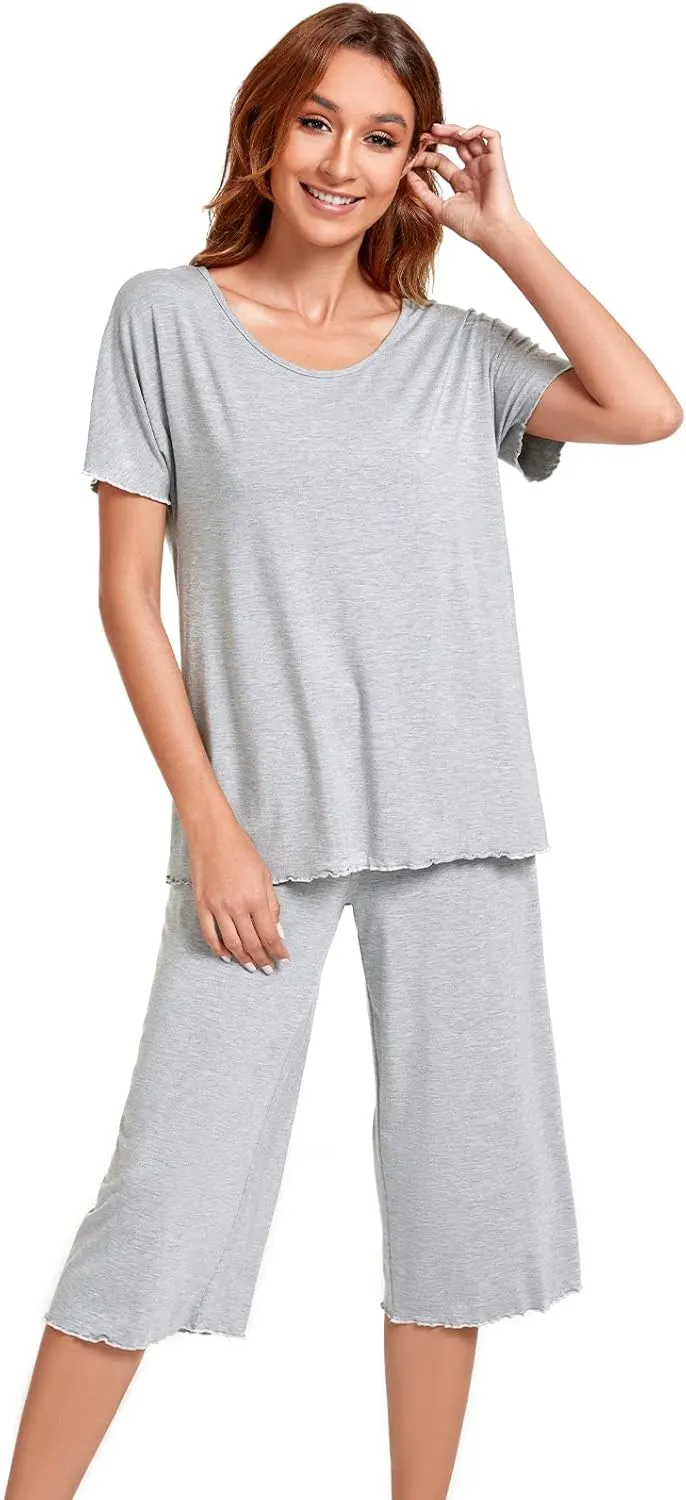 QUALFORT Bamboo Viscose Pajamas for Women Soft Capri Pants Cooling Sleepwear