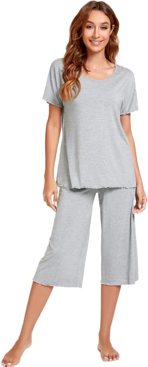 QUALFORT Bamboo Viscose Pajamas for Women Soft Capri Pants Cooling Sleepwear