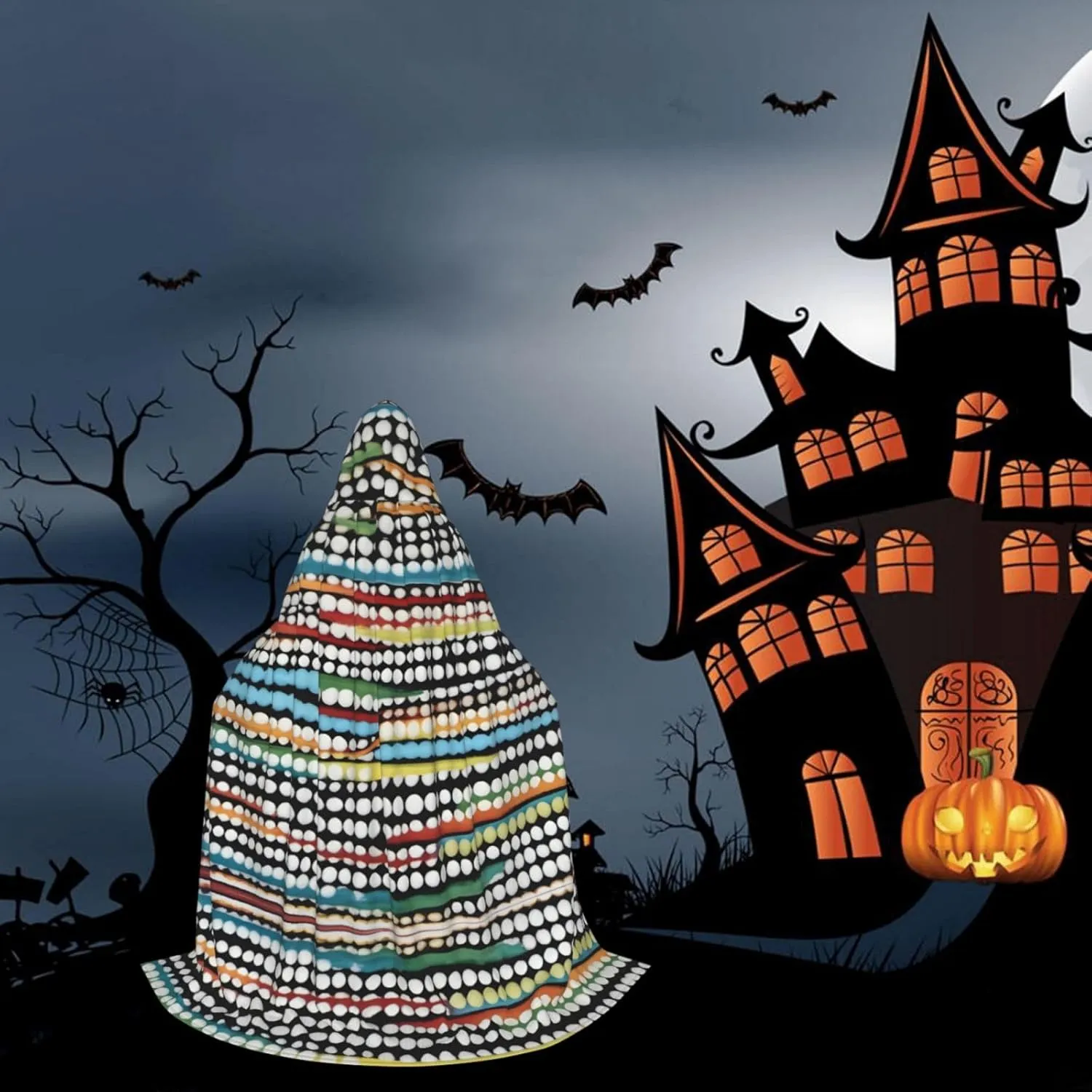Rainbow Polka Dot Stripe Black and White Hood Cloak,Hooded Cape Cloak,Halloween Witch Wizard Raven Vampire Cosplay