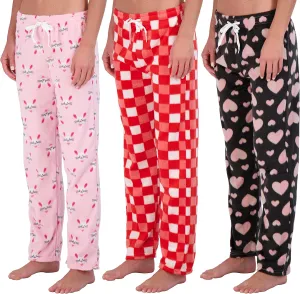 Real Essentials 3 Pack: Womens Fleece Ultra-Soft Comfy Pajama Lounge Pants Sleepwear (Available in Plus Size)