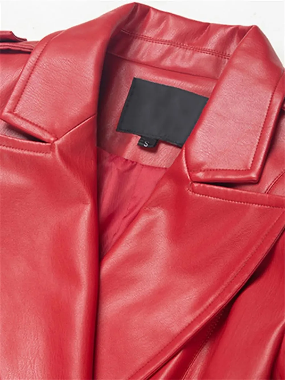 Red Extra Long Leather Trench Coat For Women Double Breasted British Style Sashes Maxi Overcoats