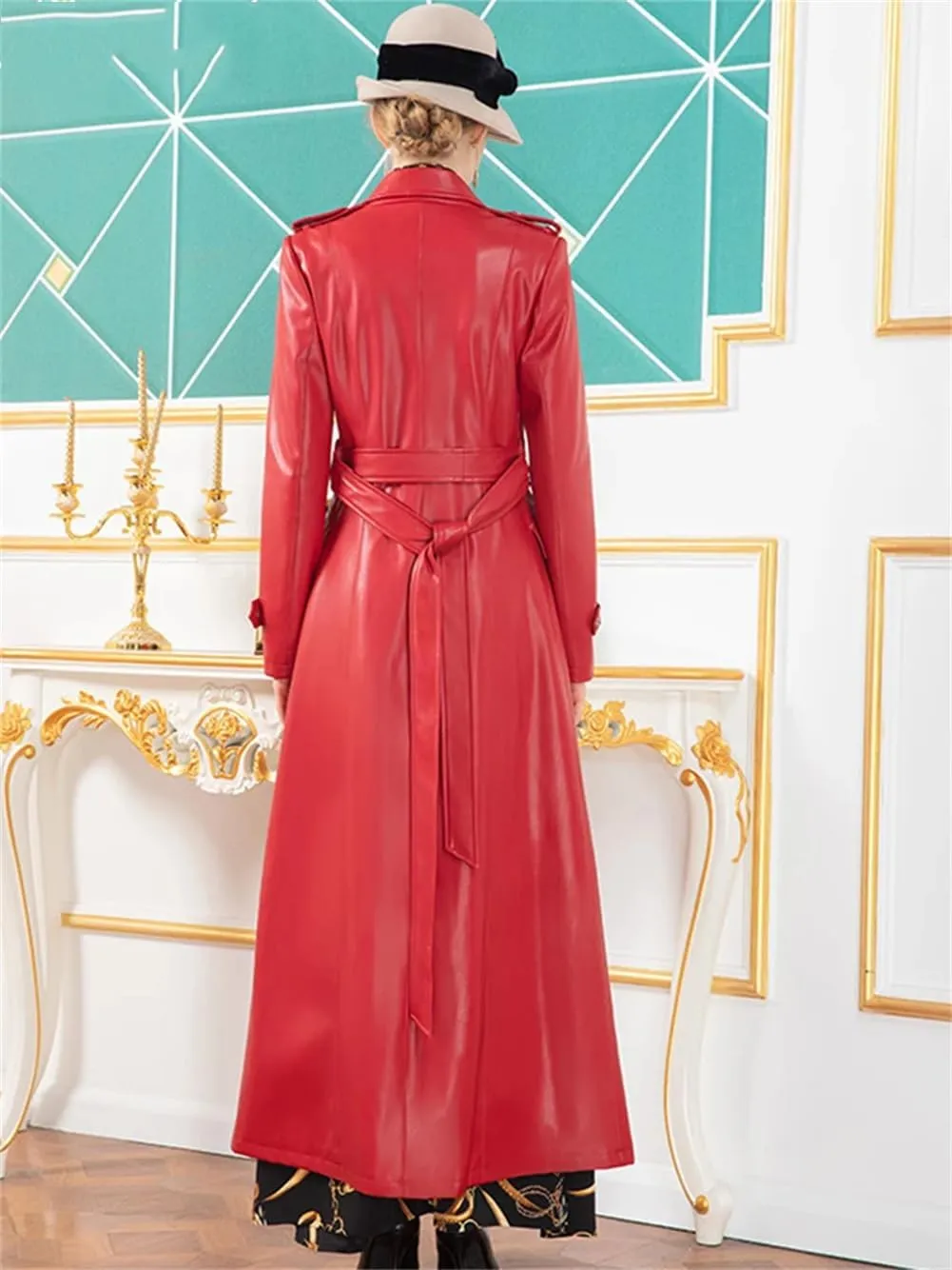 Red Extra Long Leather Trench Coat For Women Double Breasted British Style Sashes Maxi Overcoats
