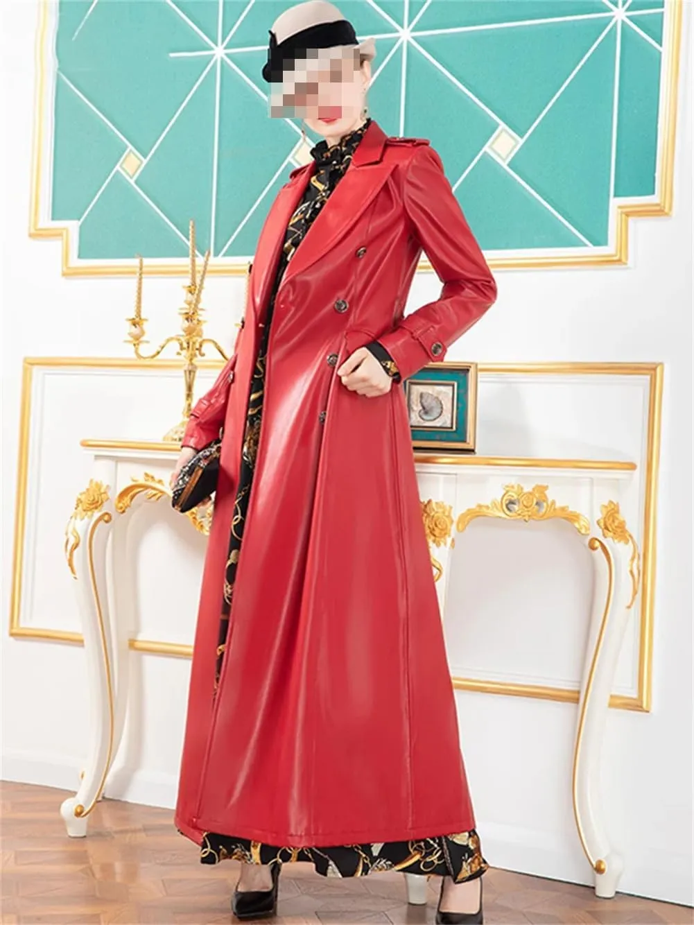 Red Extra Long Leather Trench Coat For Women Double Breasted British Style Sashes Maxi Overcoats