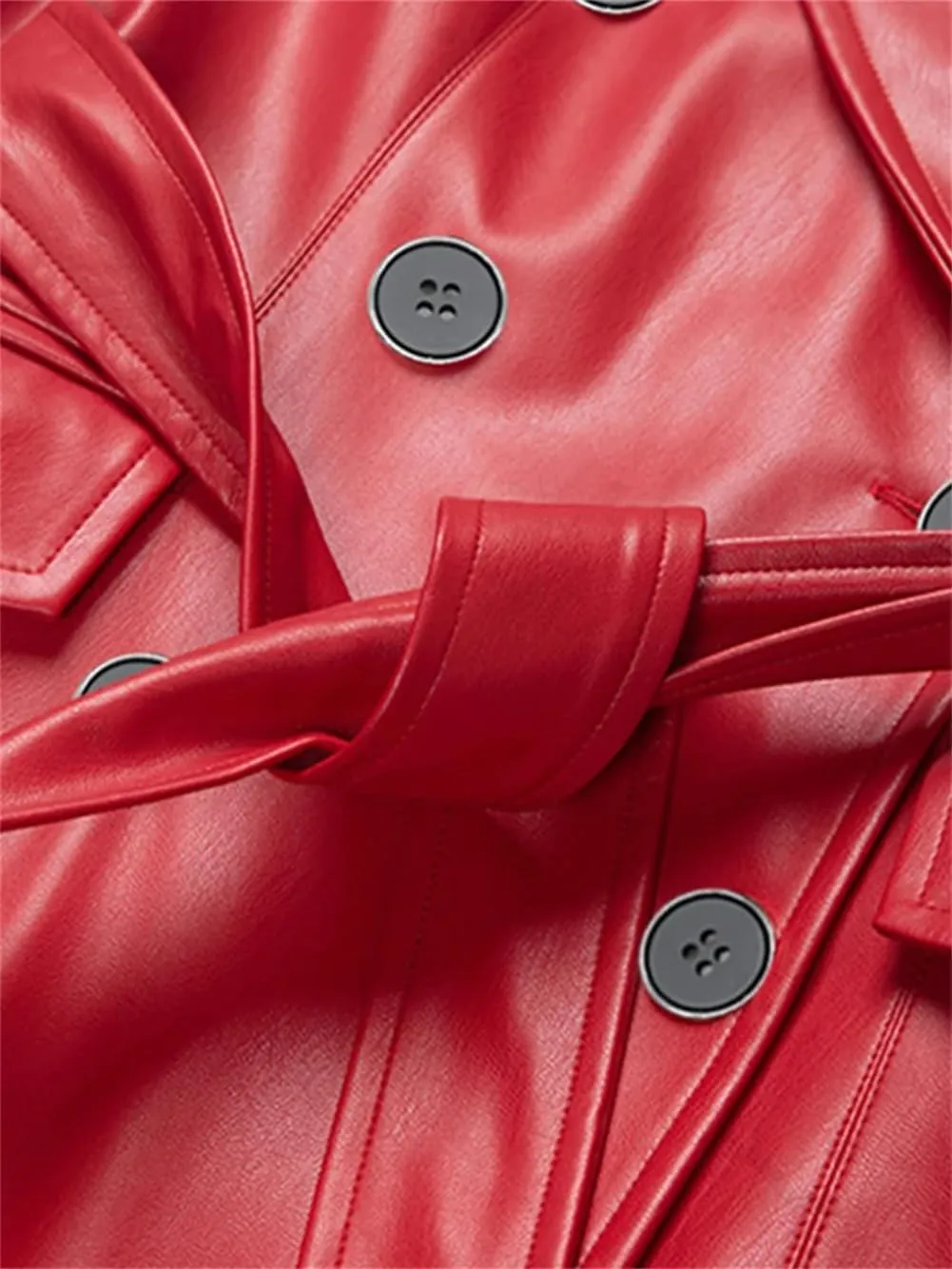 Red Extra Long Leather Trench Coat For Women Double Breasted British Style Sashes Maxi Overcoats